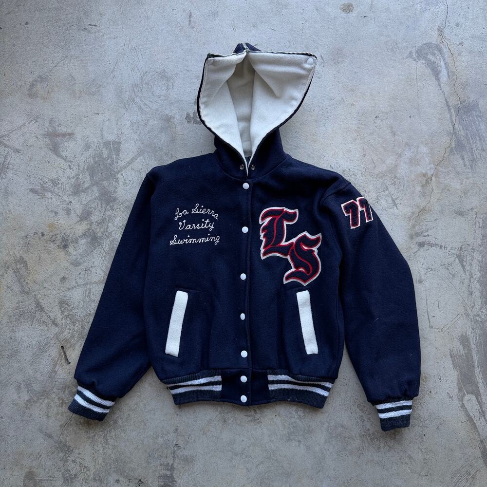 Vintage 1970s La Sierra Varsity split hood wool Jacket Chain Stitch Small